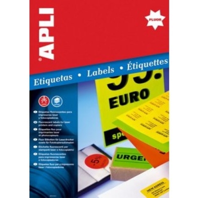Флуоресцентные цветные этикетки APLI, А4, 210х297мм., 1 этикетка на листе, упаковка - 20 листов.