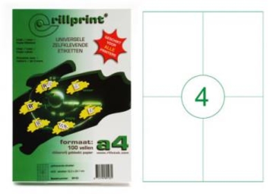 Rillprint этикетки самоклеющиеся универсальные, А4, 105x148 мм., 4 этикетки на листе, упаковка – 100 листов.
