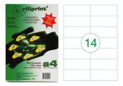 Rillprint этикетки самоклеющиеся универсальные, А4, 105x42,4 мм., 14 этикеток на листе, упаковка – 100 листов.